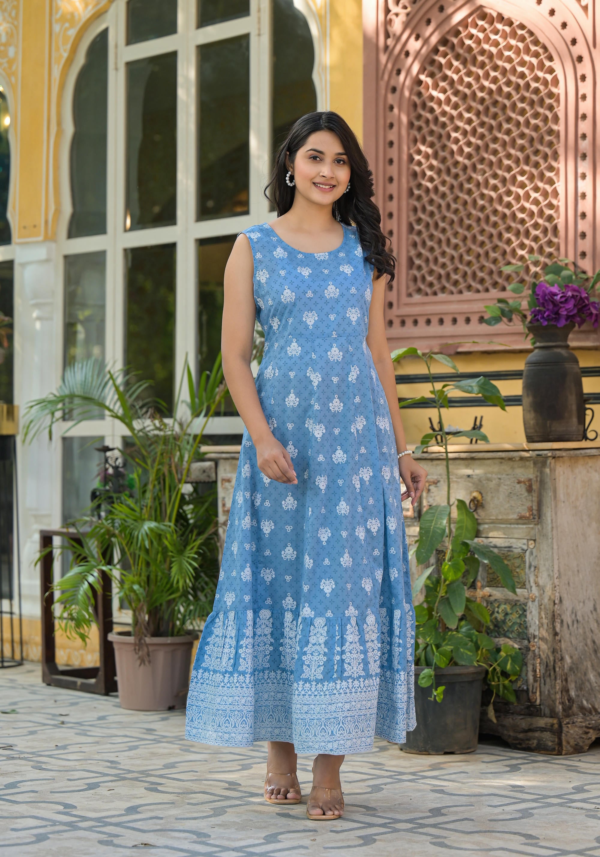 Azure Blossom Layered Cotton Anarkali Dress with Printed Jacket-P1024POWDERBLUE