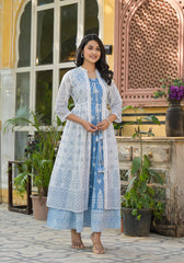 Azure Blossom Layered Cotton Anarkali Dress with Printed Jacket-P1024POWDERBLUE