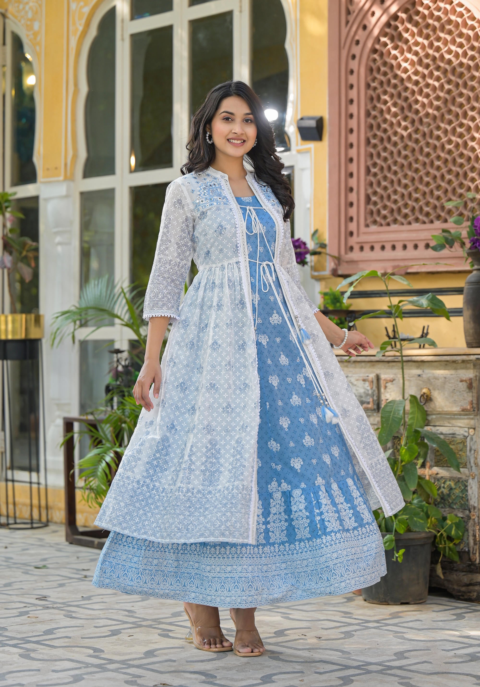 Azure Blossom Layered Cotton Anarkali Dress with Printed Jacket-P1024POWDERBLUE
