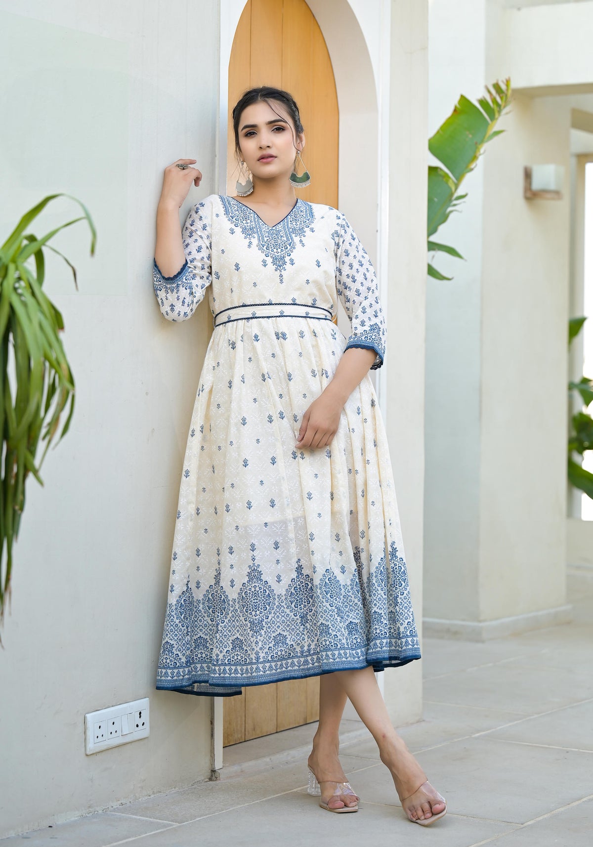 Serene Indigo Mughal Motif Cotton Midi Dress-P1027IVORY
