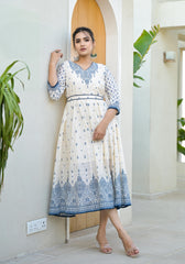 Serene Indigo Mughal Motif Cotton Midi Dress-P1027IVORY