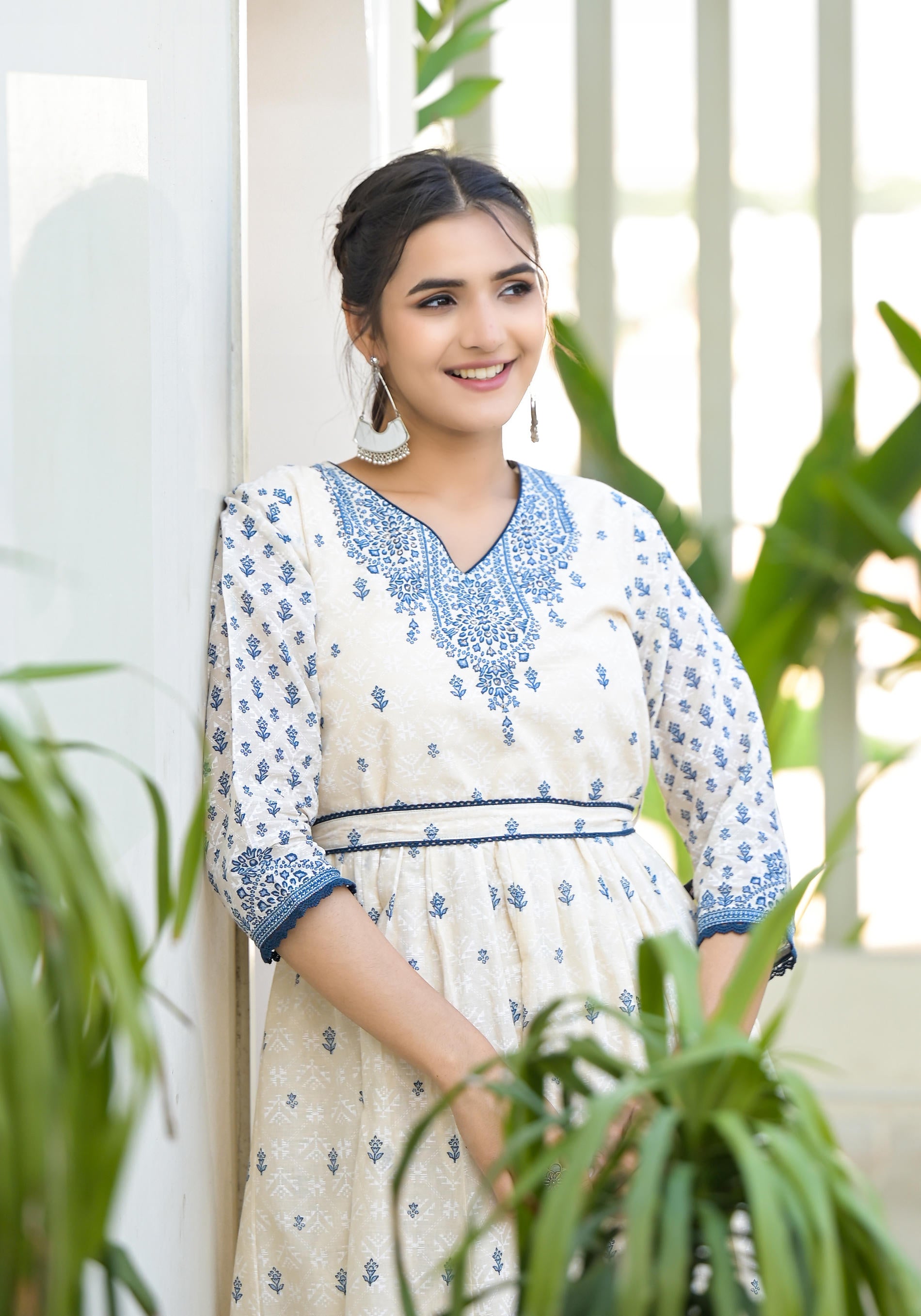 Serene Indigo Mughal Motif Cotton Midi Dress-P1027IVORY