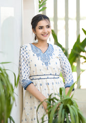 Serene Indigo Mughal Motif Cotton Midi Dress-P1027IVORY