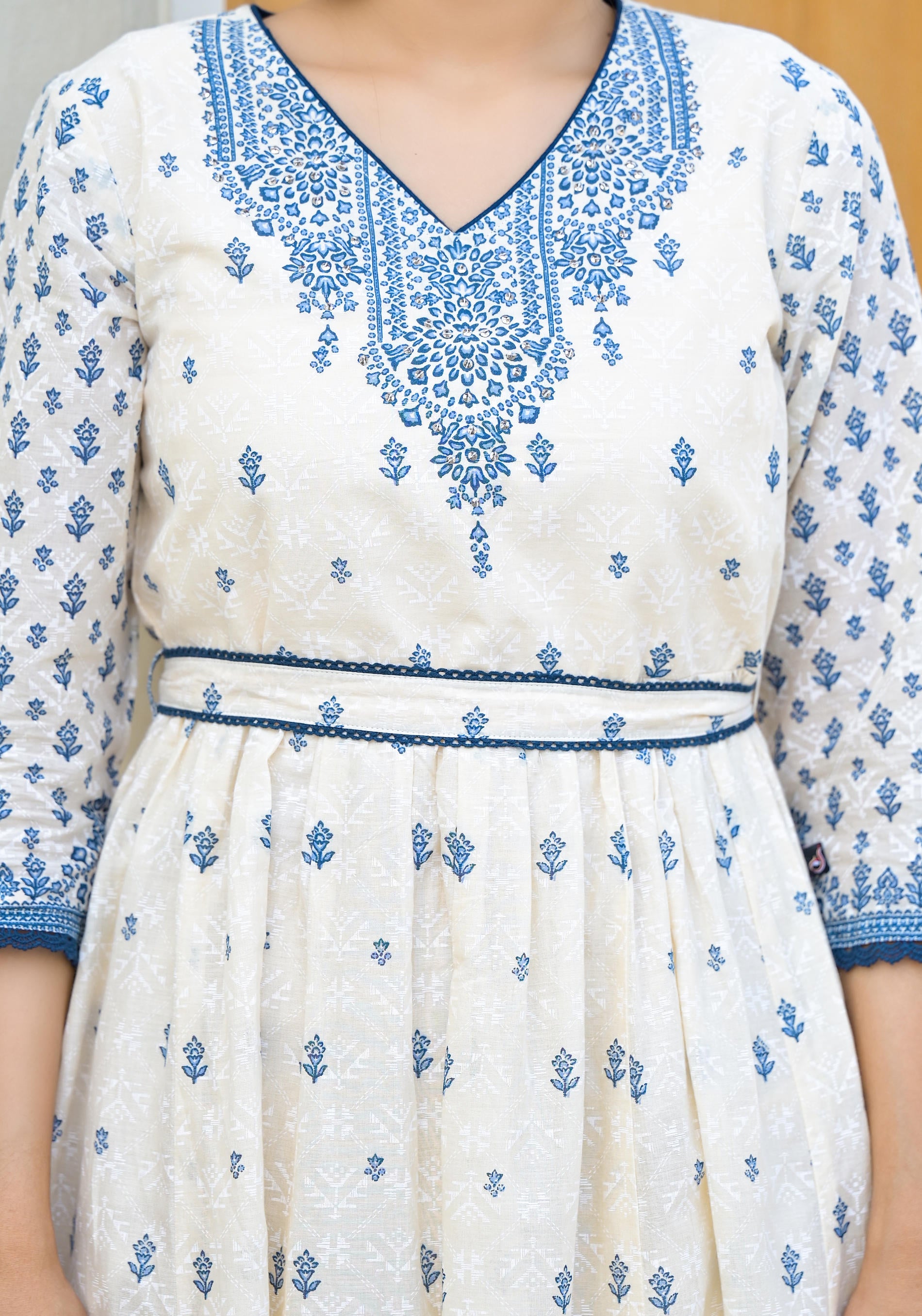 Serene Indigo Mughal Motif Cotton Midi Dress-P1027IVORY