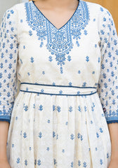 Serene Indigo Mughal Motif Cotton Midi Dress-P1027IVORY