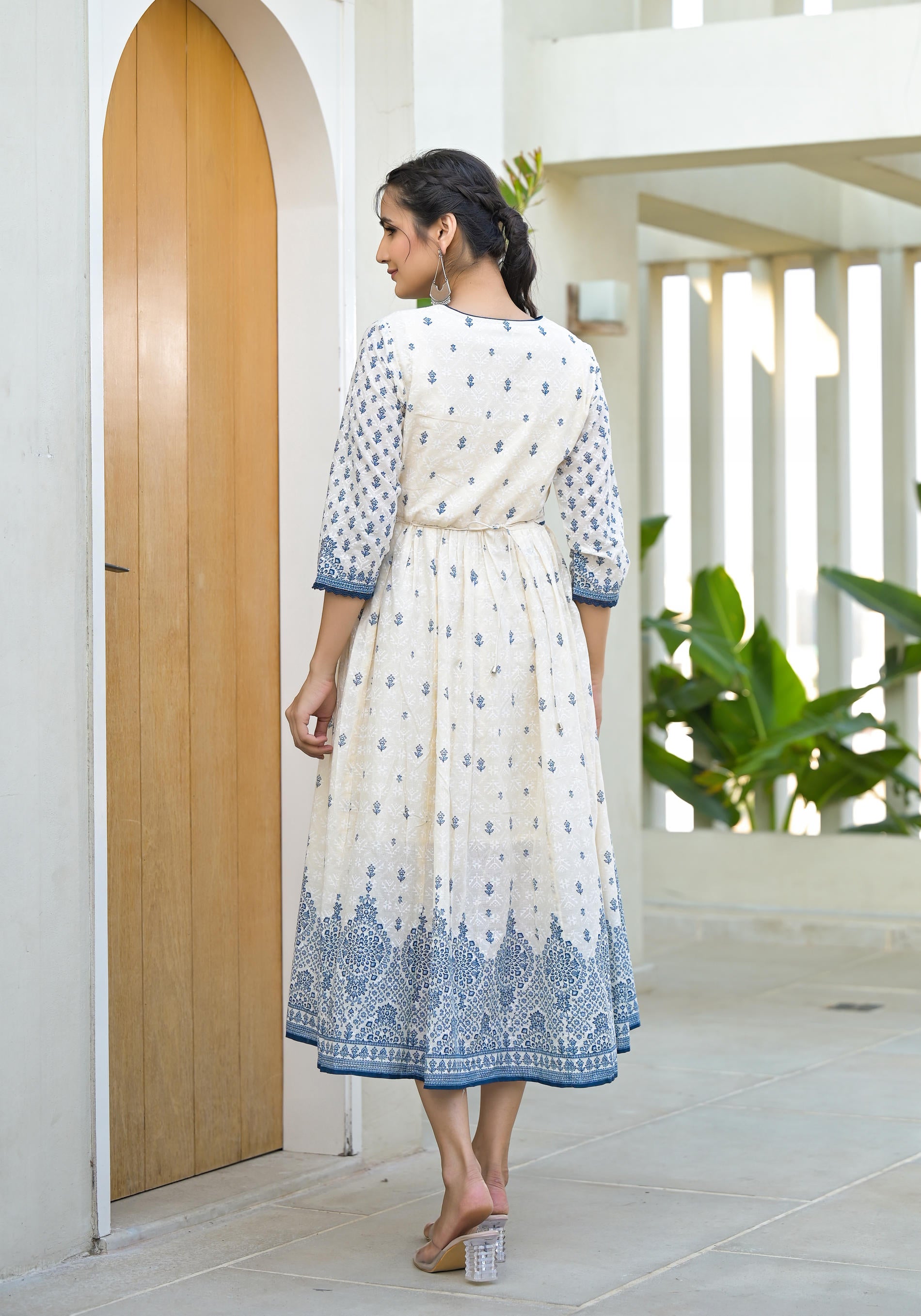 Serene Indigo Mughal Motif Cotton Midi Dress-P1027IVORY