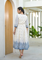Serene Indigo Mughal Motif Cotton Midi Dress-P1027IVORY