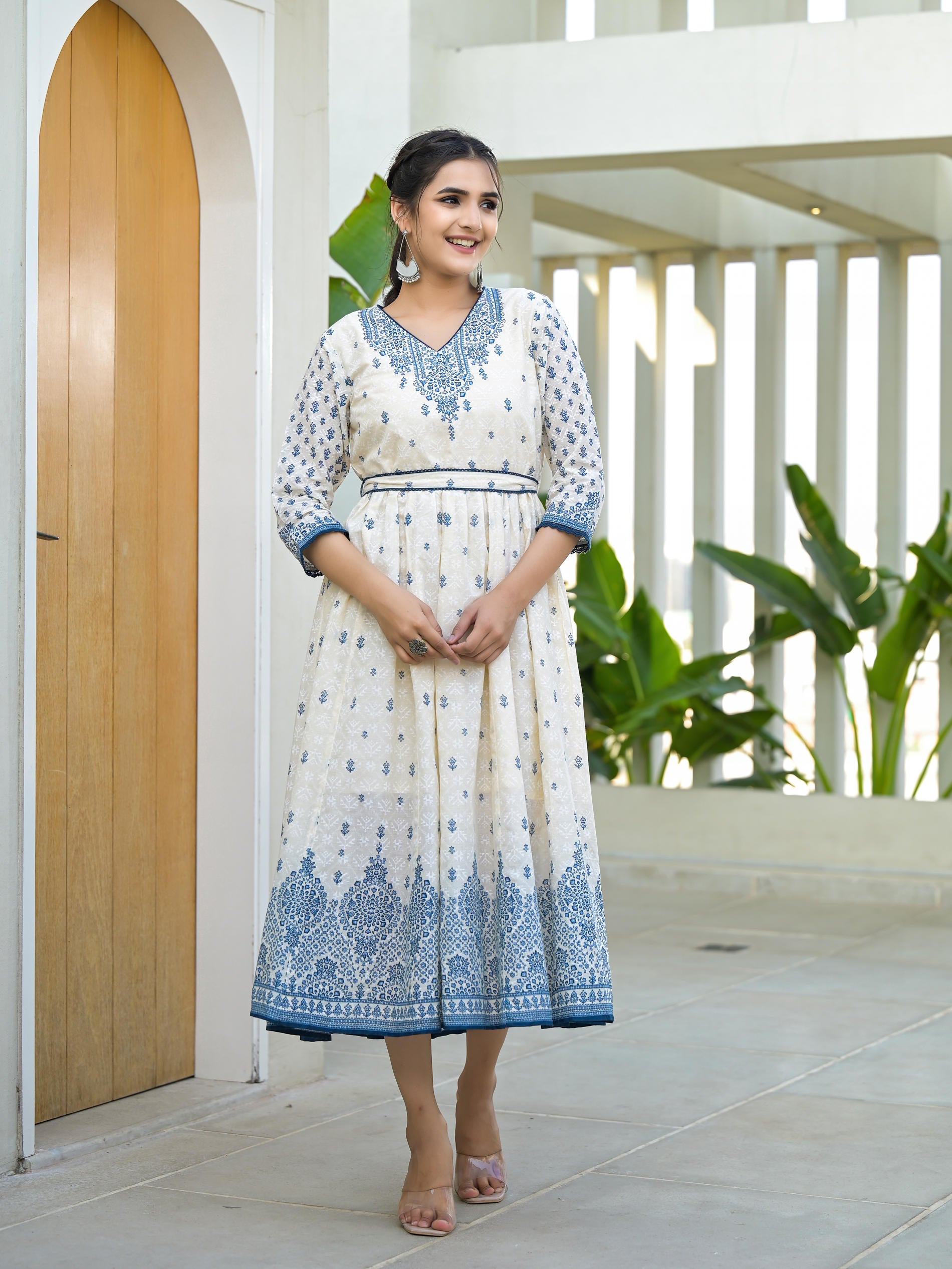 Serene Indigo Mughal Motif Cotton Midi Dress-P1027IVORY