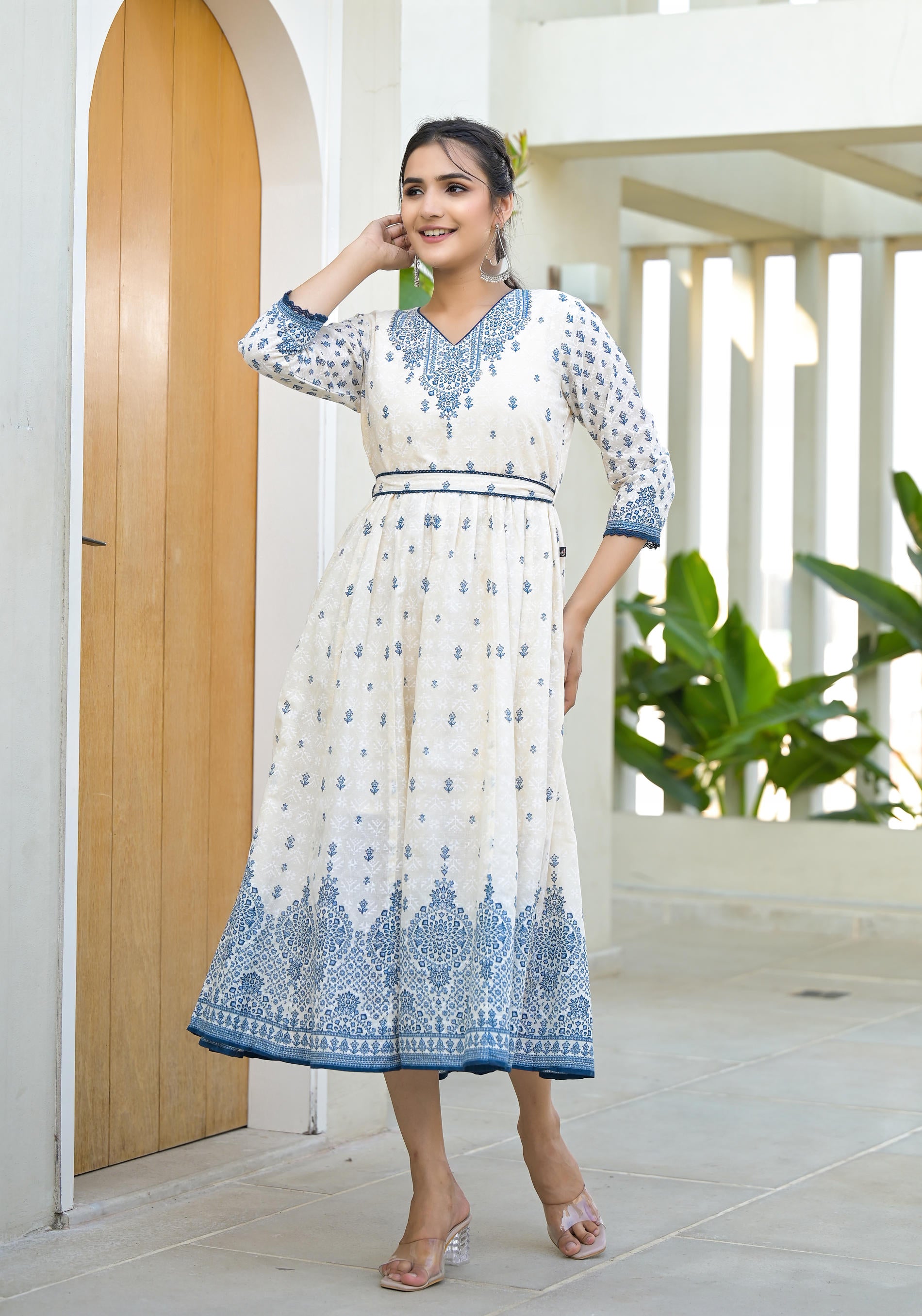 Serene Indigo Mughal Motif Cotton Midi Dress-P1027IVORY