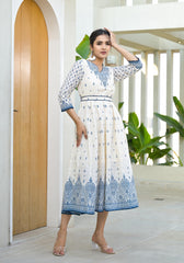Serene Indigo Mughal Motif Cotton Midi Dress-P1027IVORY