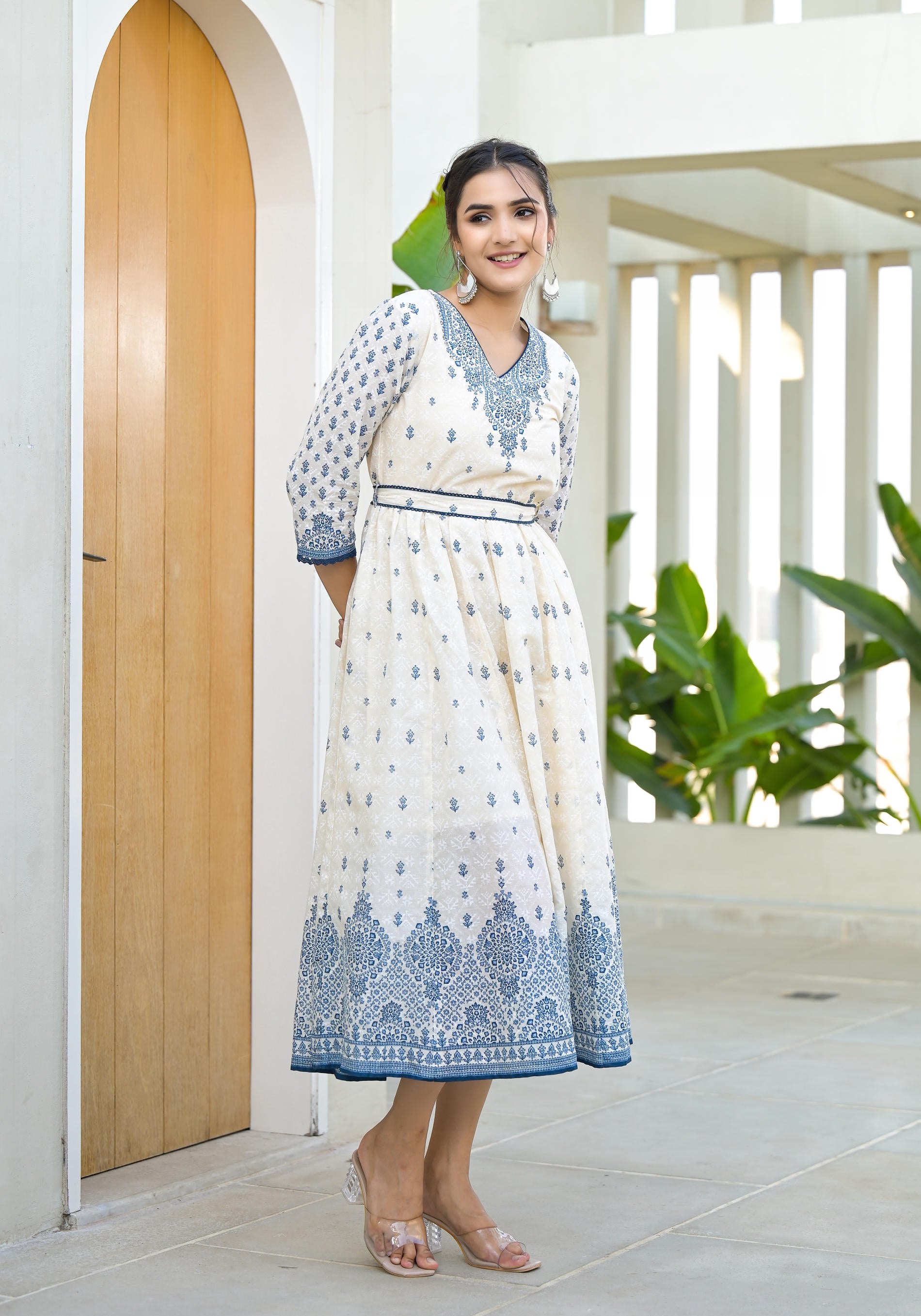 Serene Indigo Mughal Motif Cotton Midi Dress-P1027IVORY