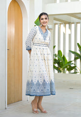 Serene Indigo Mughal Motif Cotton Midi Dress-P1027IVORY