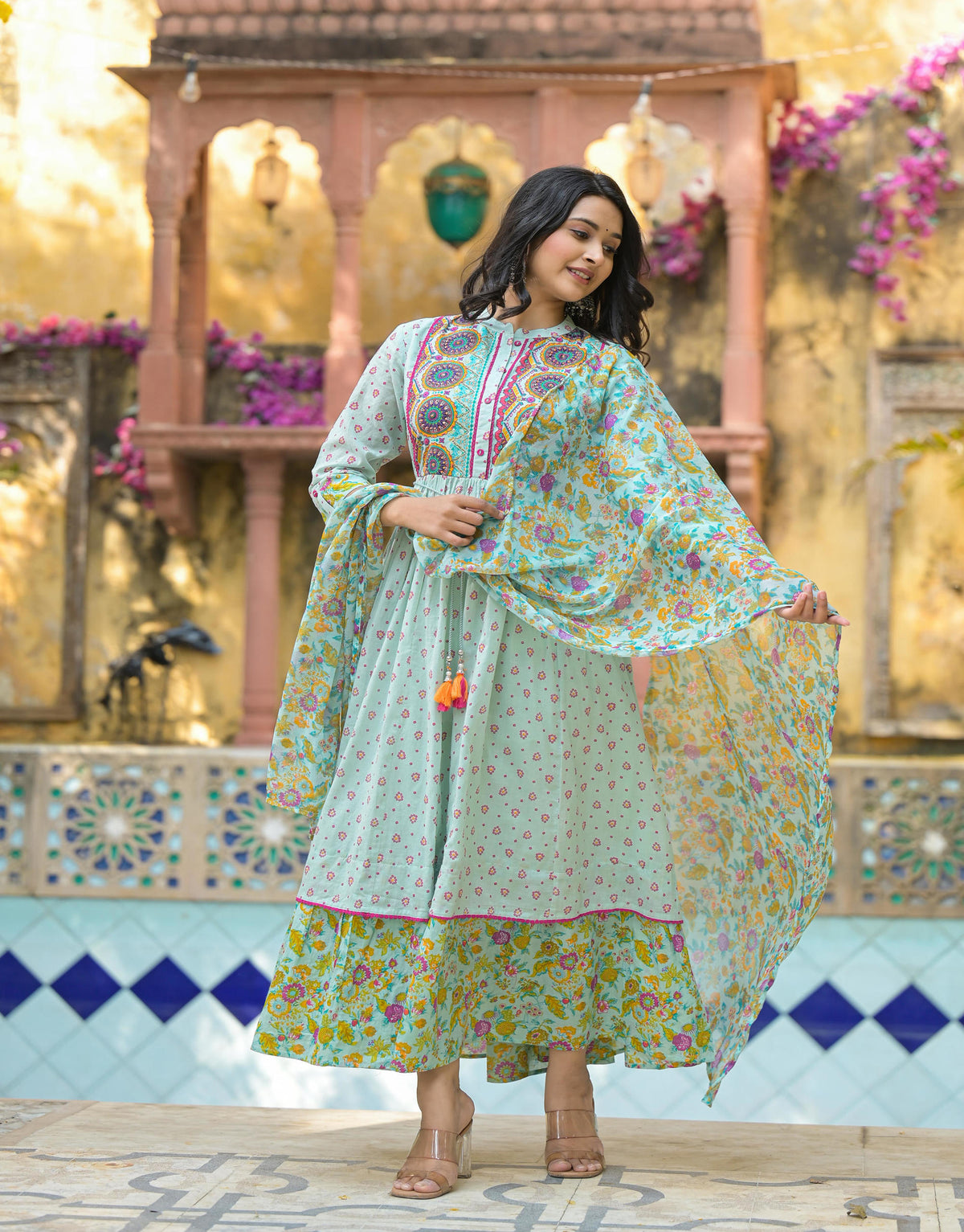 Women Mint Print Longdress & Dupatta-P1029D_MINT_OF_ON