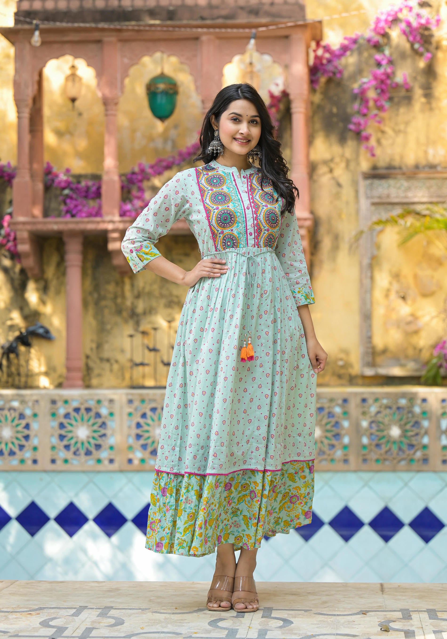 Women Mint Print Longdress  &  Dupatta