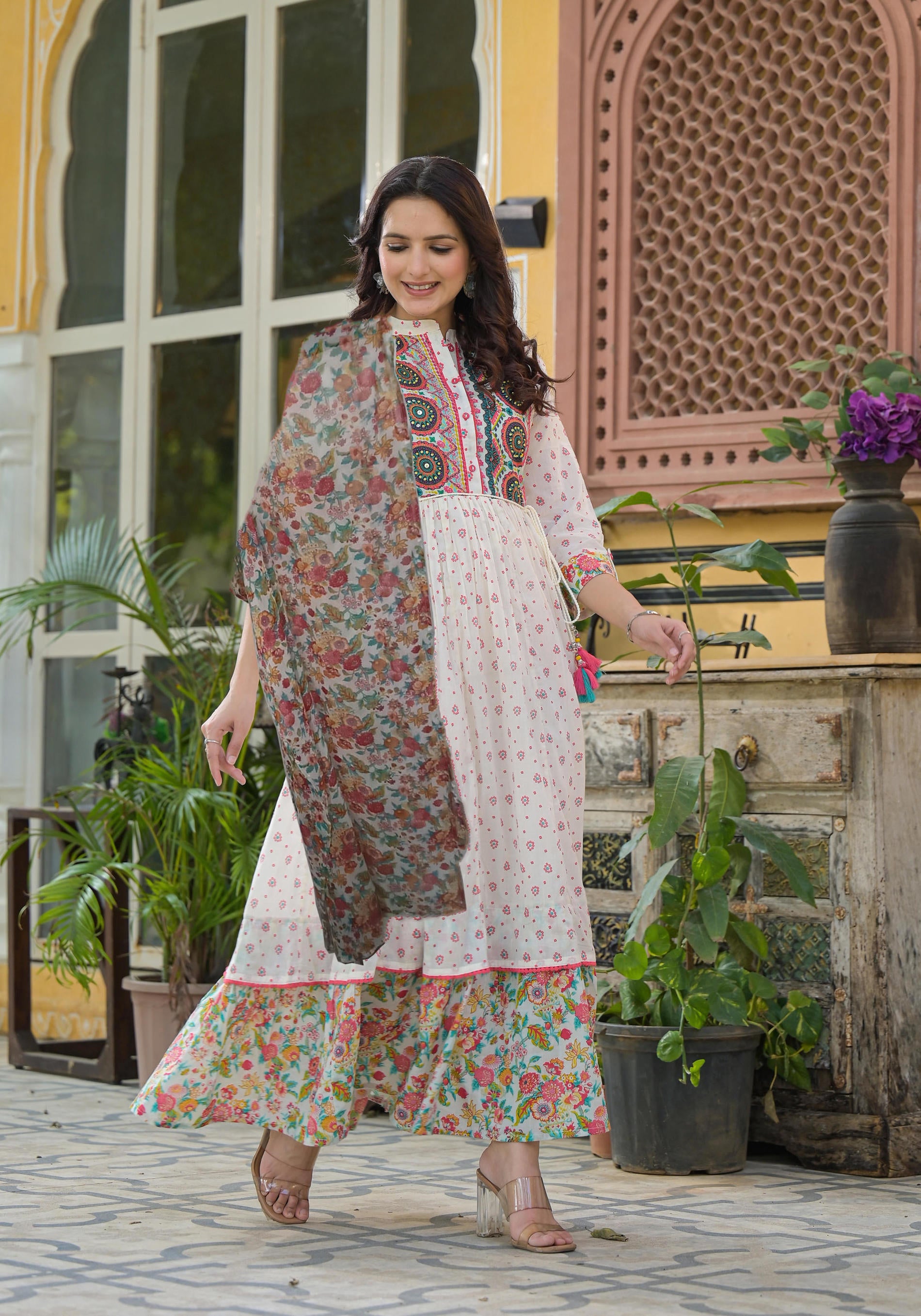 Women Offwhite Print Longdress  &  Dupatta