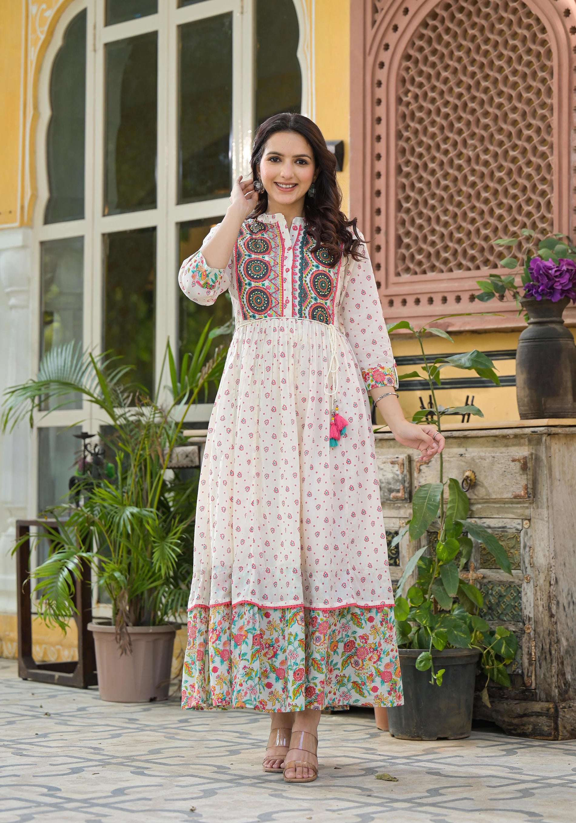 Women Offwhite Print Longdress  &  Dupatta