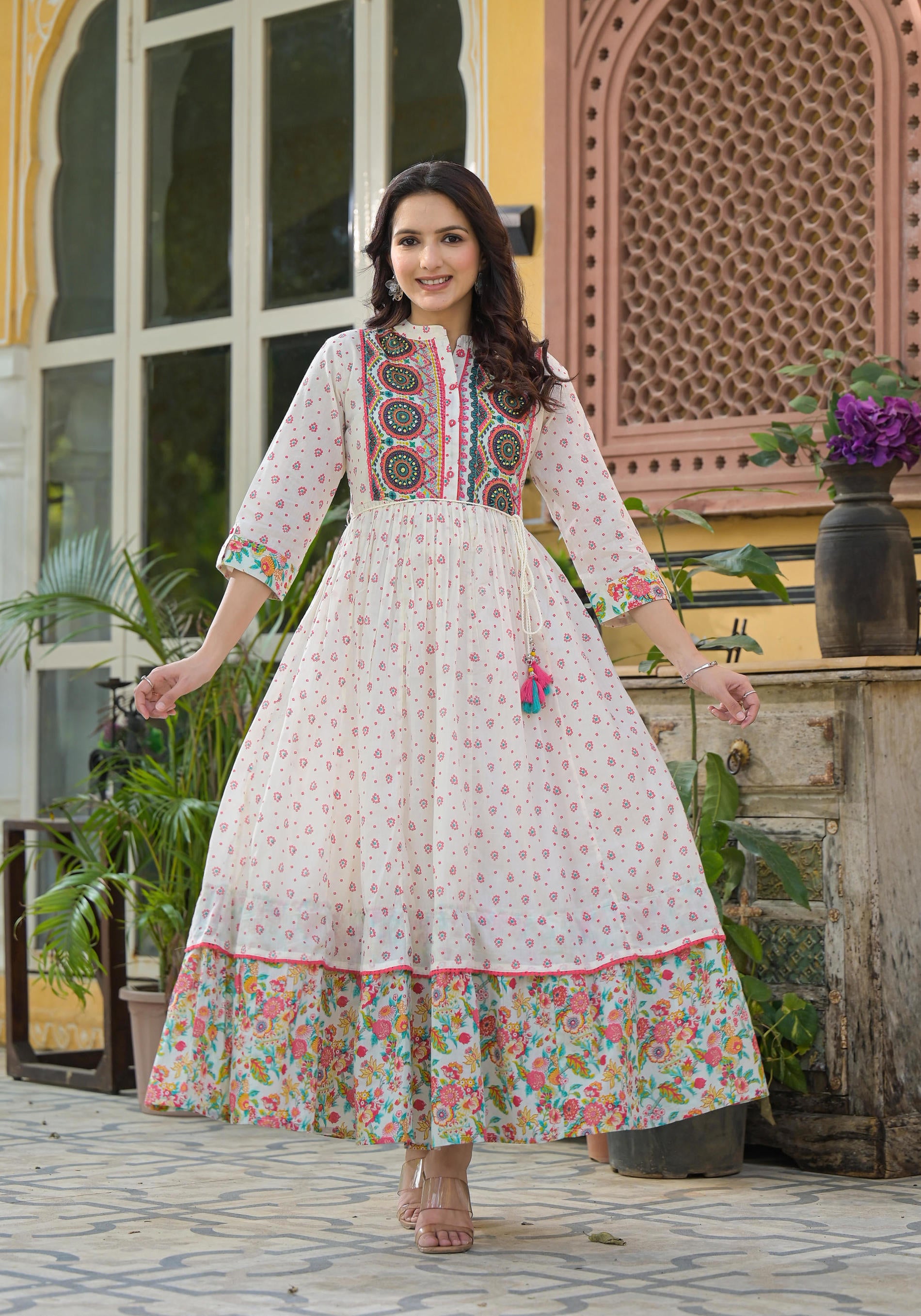 Women Offwhite Print Longdress  &  Dupatta