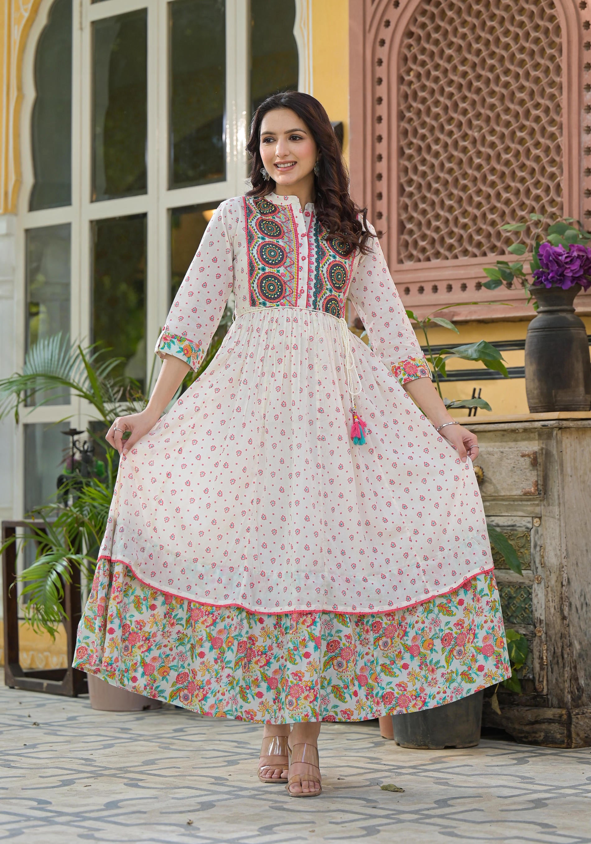 Women Offwhite Print Longdress  &  Dupatta