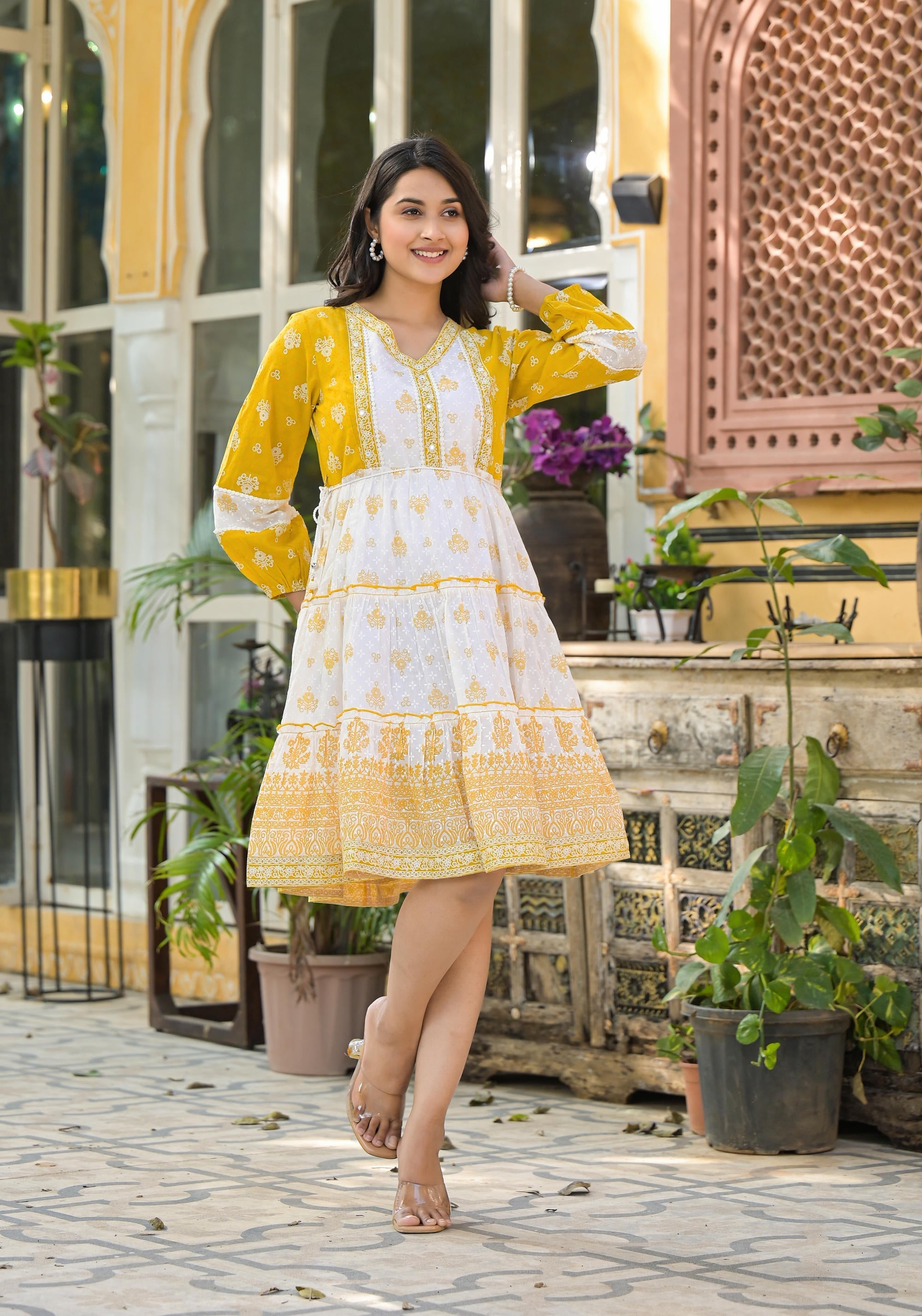 Mustard Ethnic Motif Printed Cotton Short Dress With Mirror Work & Lac