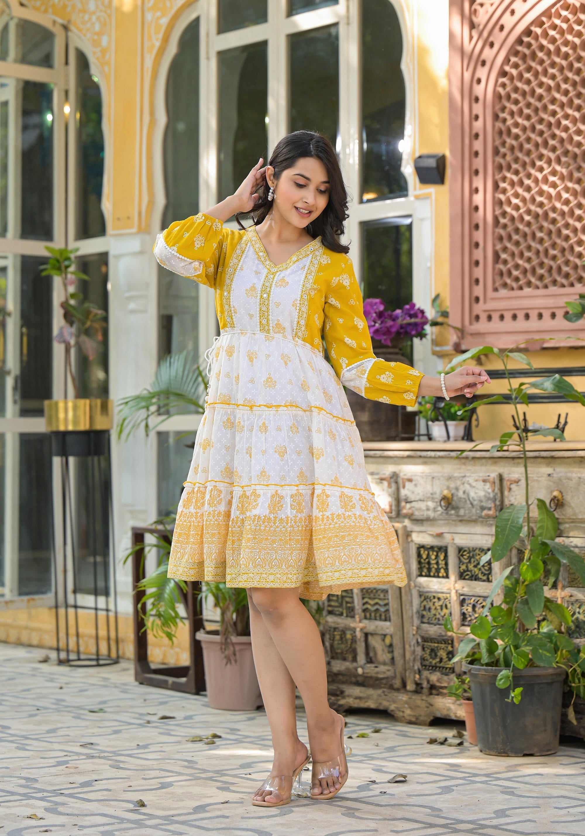 Mustard Ethnic Motif Printed Cotton Short Dress With Mirror Work & Lac