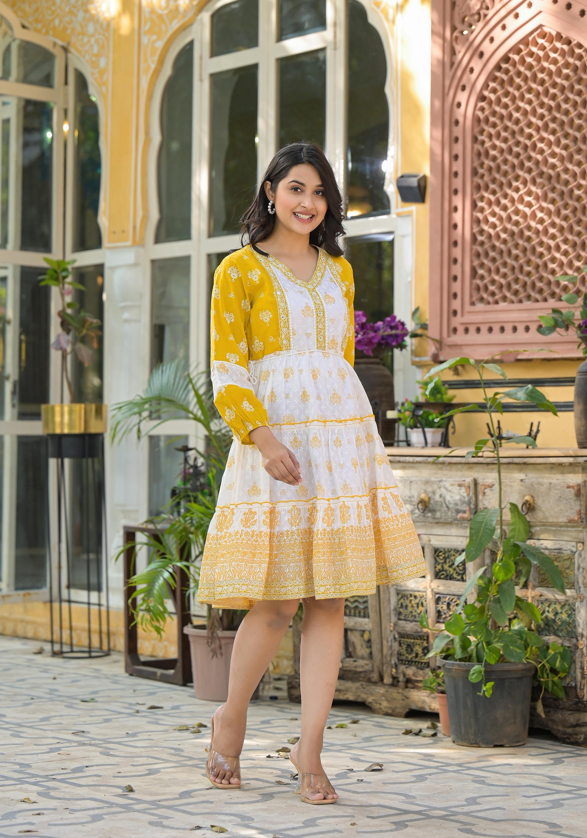 Mustard Ethnic Motif Printed Cotton Short Dress With Mirror Work & Lac