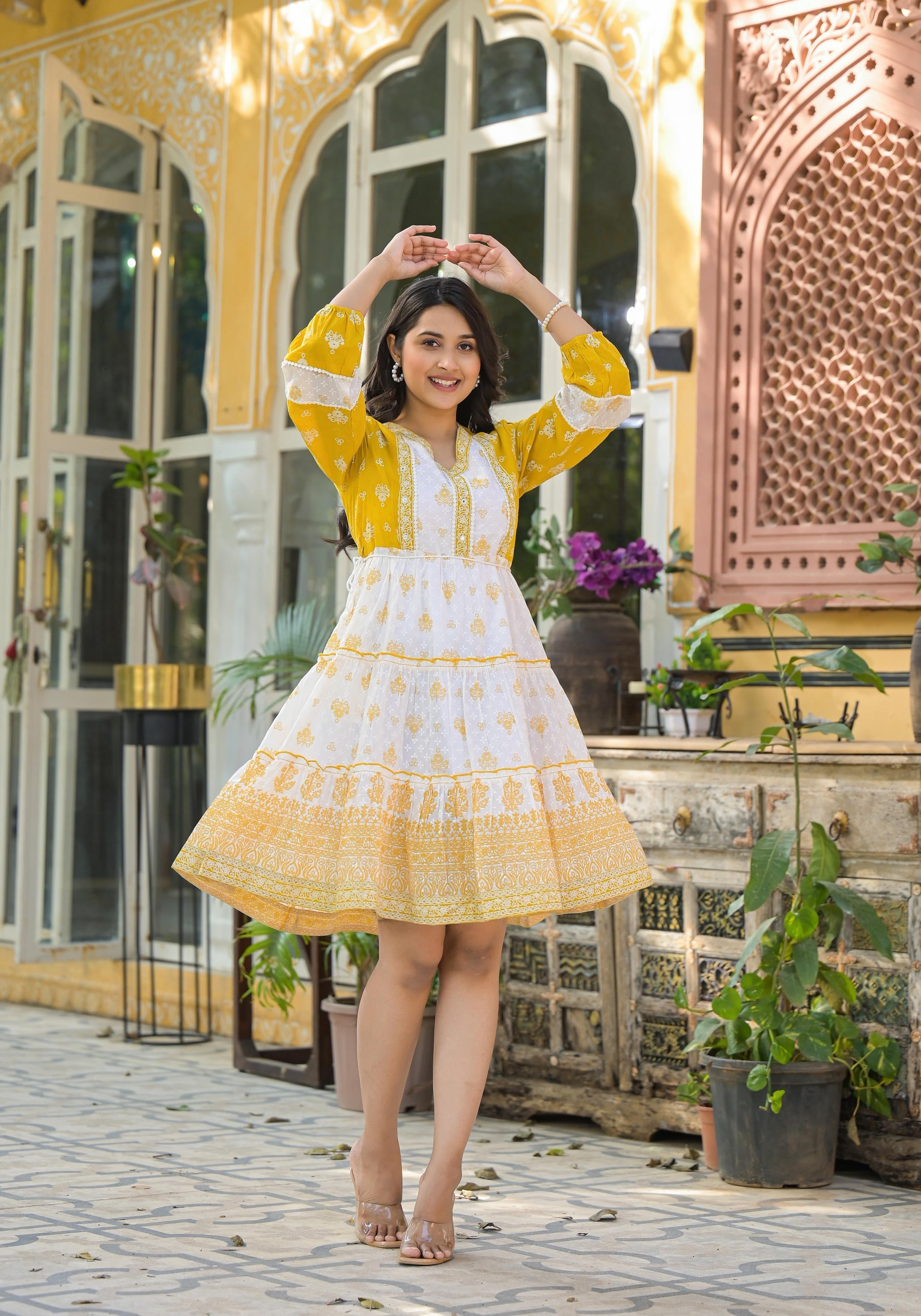 Mustard Ethnic Motif Printed Cotton Short Dress With Mirror Work & Lac