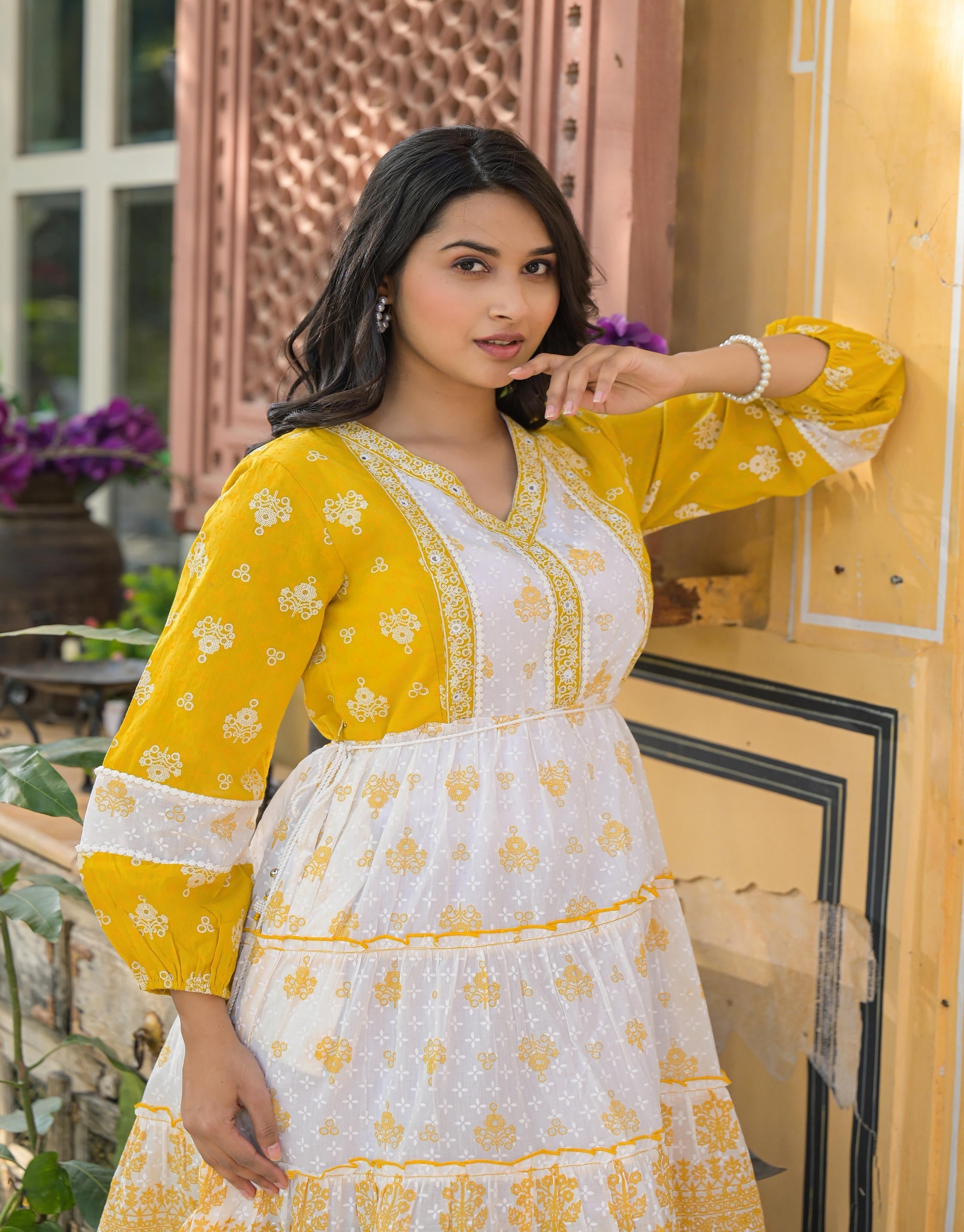 Mustard Ethnic Motif Printed Cotton Short Dress With Mirror Work & Lac
