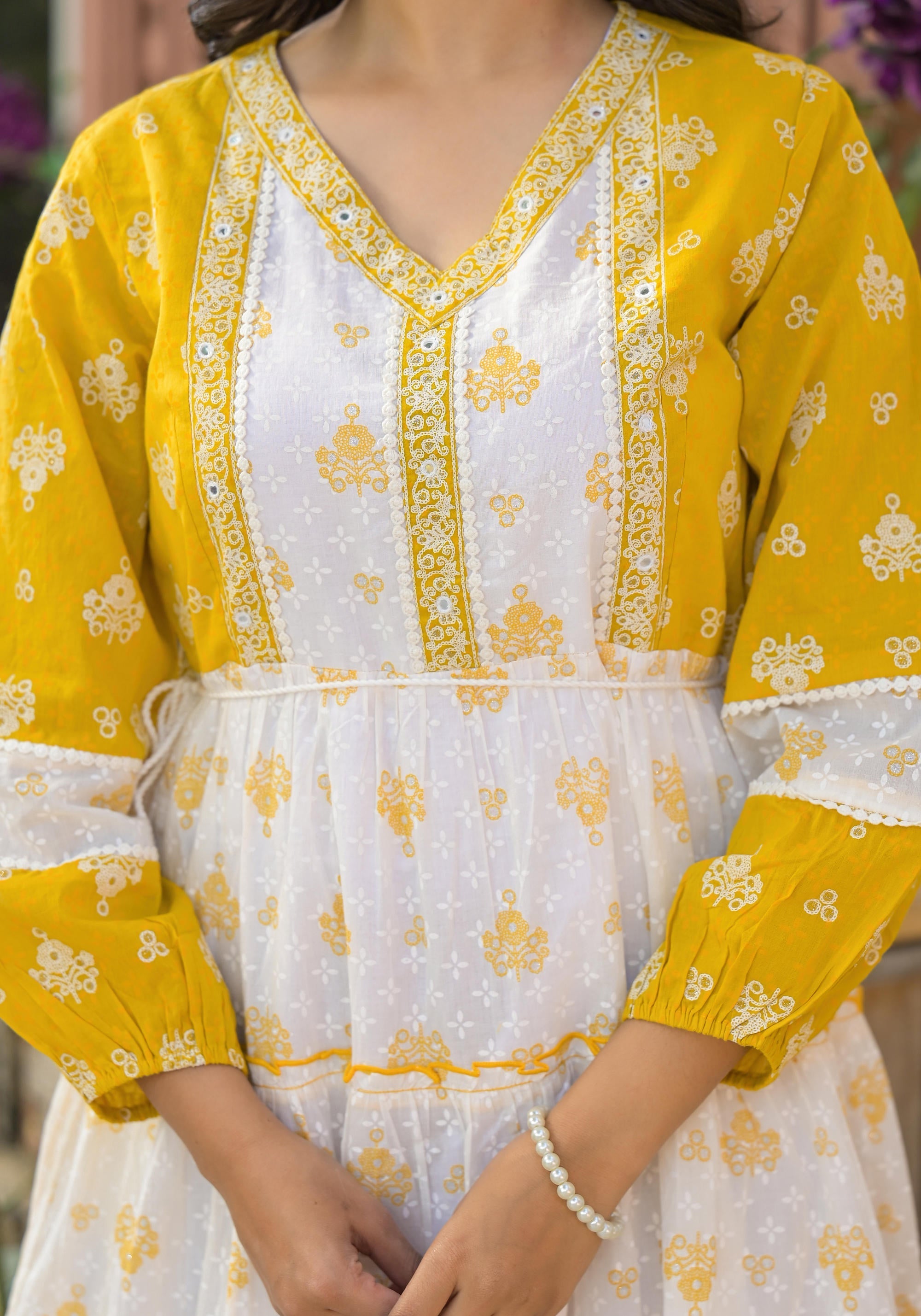 Mustard Ethnic Motif Printed Cotton Short Dress With Mirror Work & Lac
