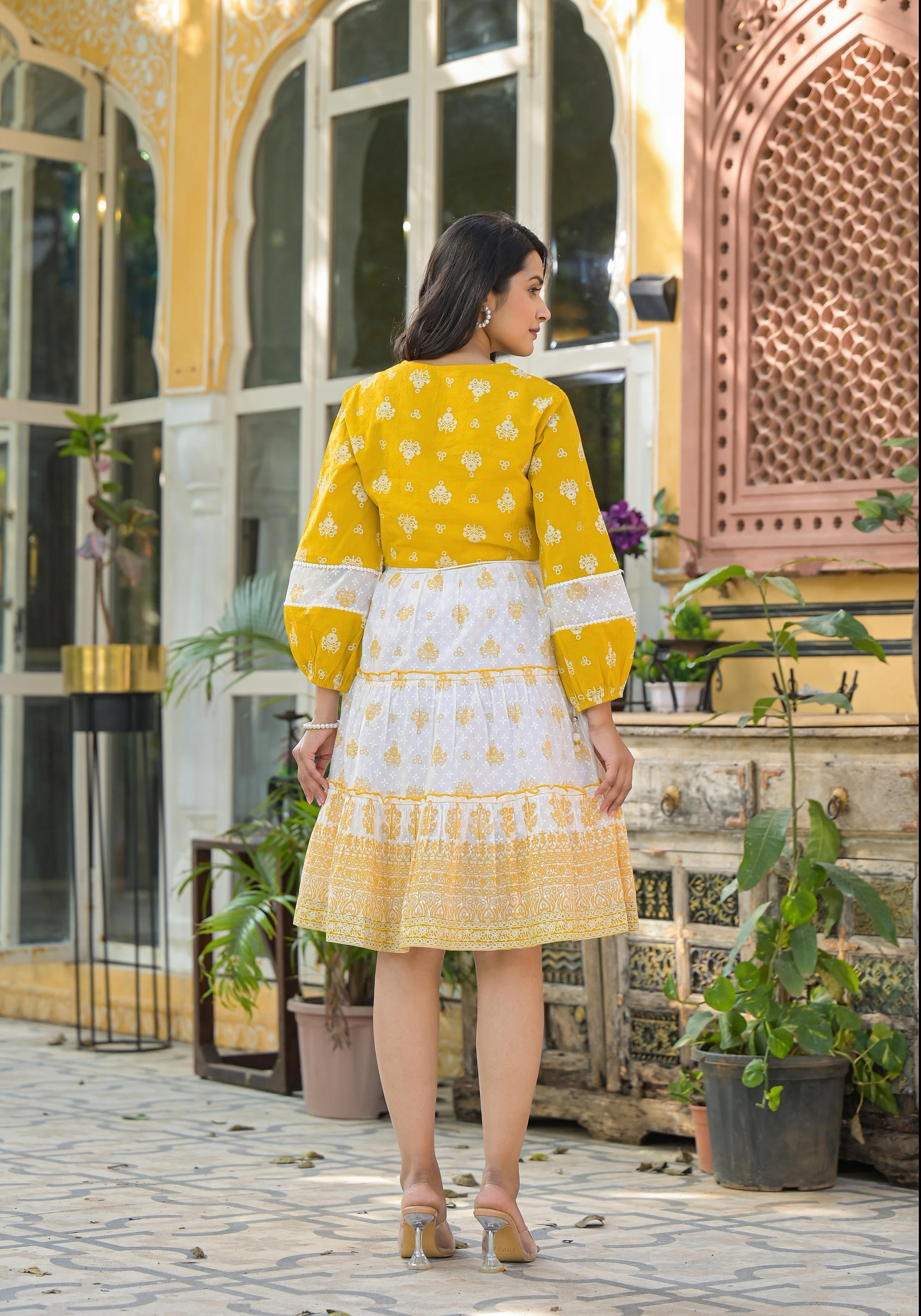 Mustard Ethnic Motif Printed Cotton Short Dress With Mirror Work & Lac
