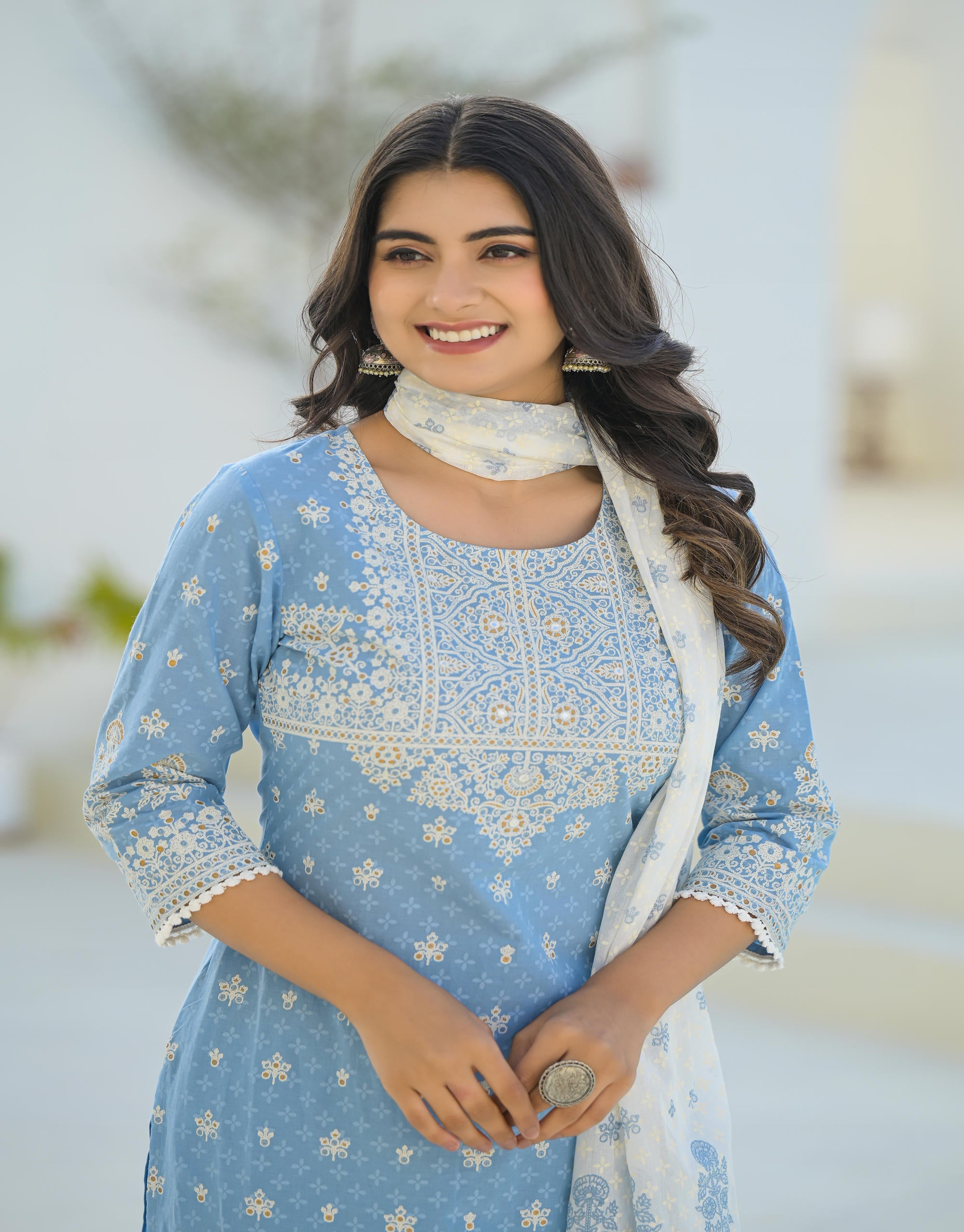 Sky Blue Embroidered Cotton Suit Set with Dupatta
-P1034S_BLUE