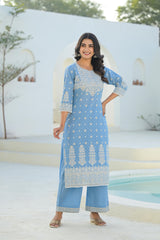 Sky Blue Embroidered Cotton Suit Set with Dupatta
-P1034S_BLUE