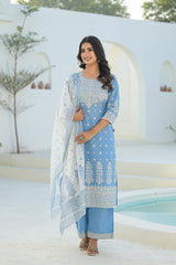 Sky Blue Embroidered Cotton Suit Set with Dupatta
-P1034S_BLUE