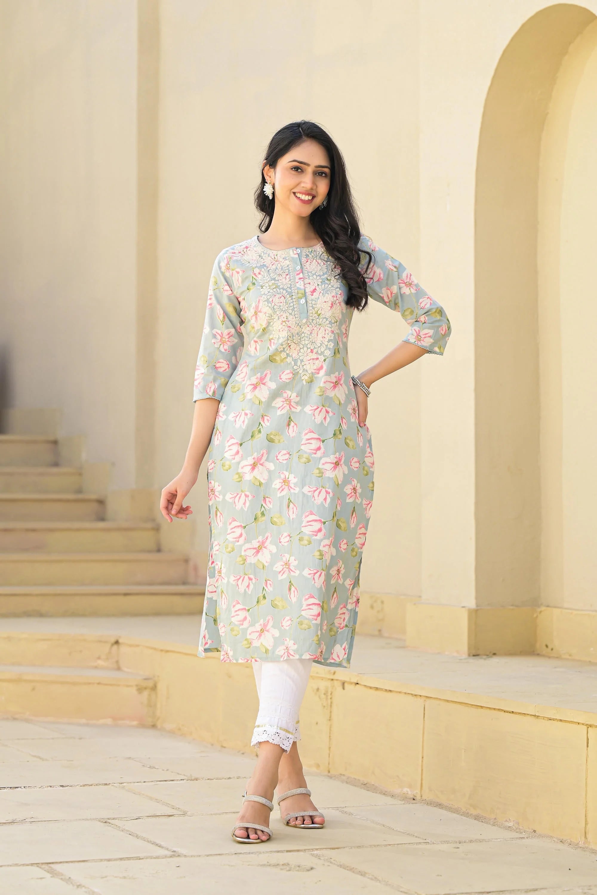 Green Floral Cotton Indian Kurta with Thread Work & Buttons