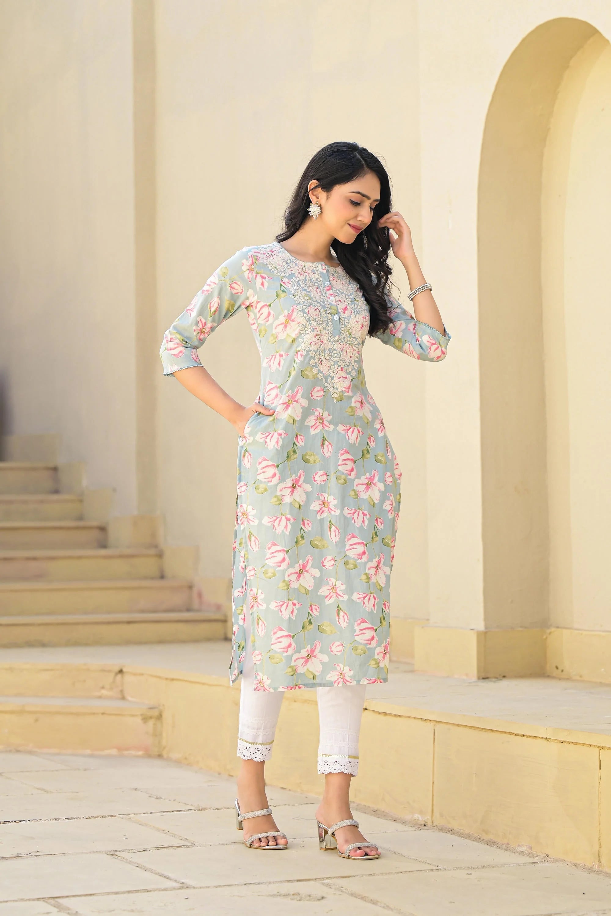 Green Floral Cotton Indian Kurta with Thread Work & Buttons