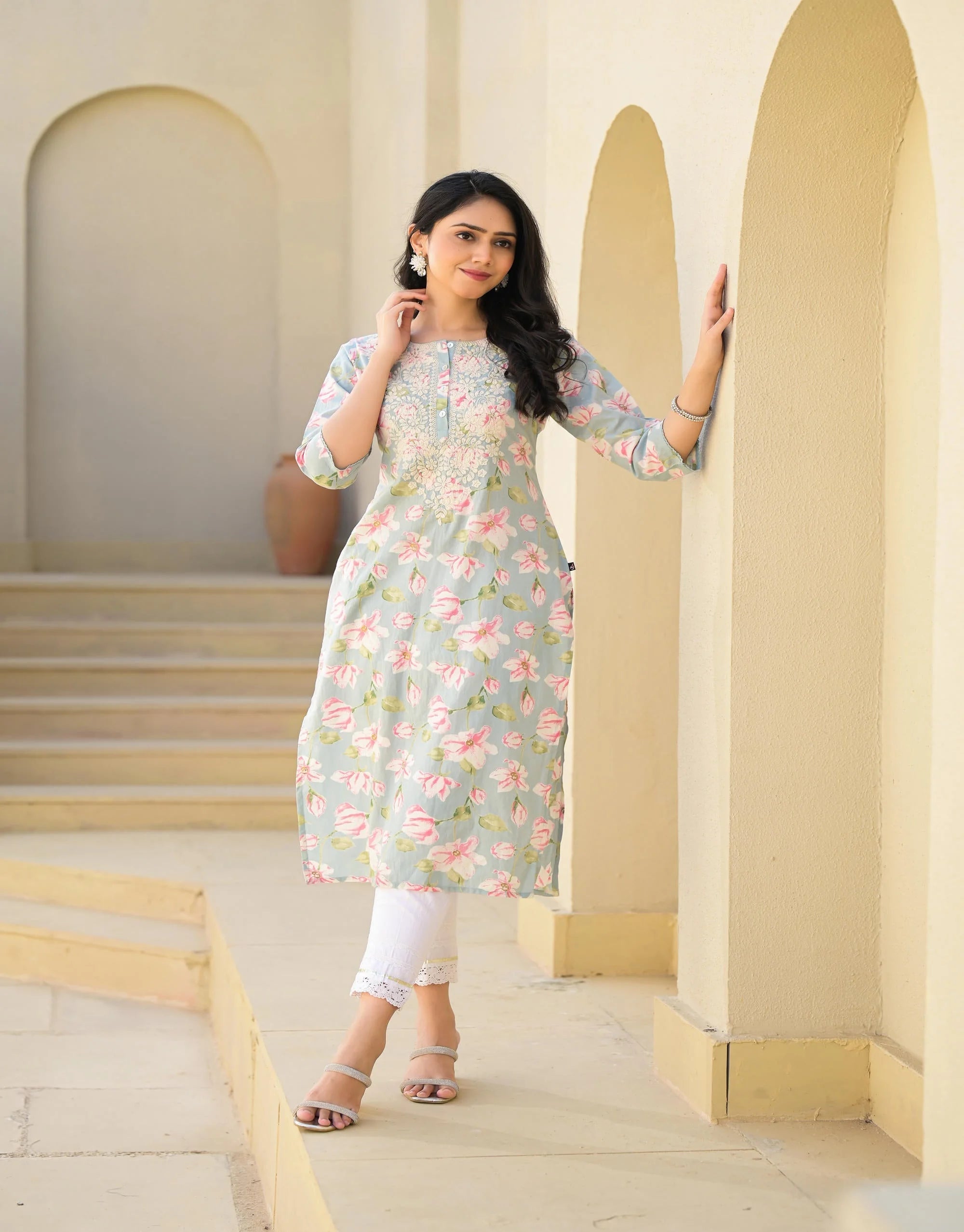 Green Floral Cotton Indian Kurta with Thread Work & Buttons