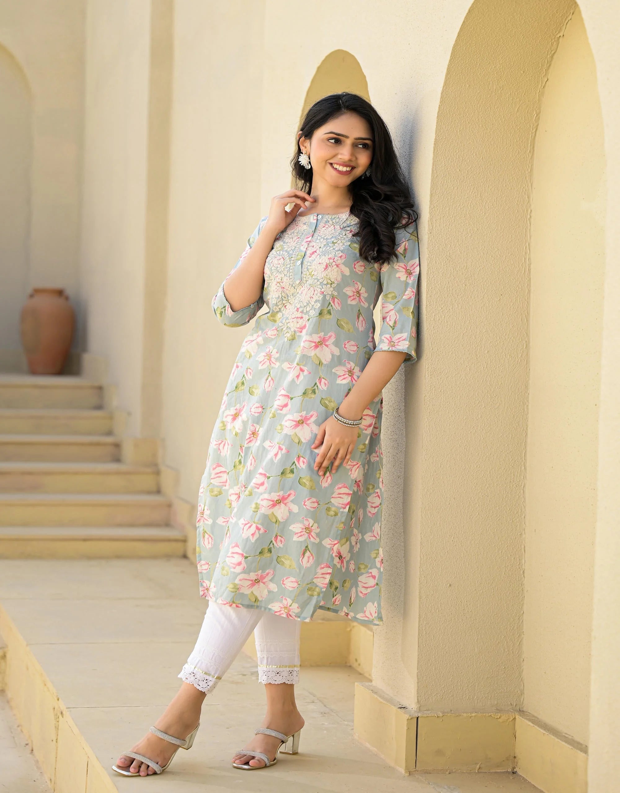 Green Floral Cotton Indian Kurta with Thread Work & Buttons