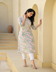 Green Floral Printed Cotton Kurta With thread Work & Buttons-P1037GREEN