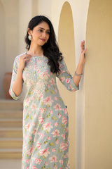Green Floral Printed Cotton Kurta With thread Work & Buttons-P1037GREEN