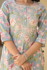 Green Floral Printed Cotton Kurta With thread Work & Buttons-P1037GREEN