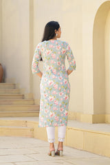 Green Floral Printed Cotton Kurta With thread Work & Buttons-P1037GREEN