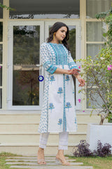 White Floral Printed Cotton Kurta With Buttons-P1038WHITE