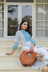 White Floral Printed Cotton Kurta With Buttons-P1038WHITE