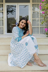 White Floral Printed Cotton Kurta With Buttons-P1038WHITE