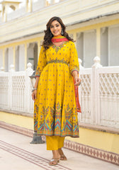 Women Mustard Print Kurta Pant Dupatta-P1048MUSTARD_ON