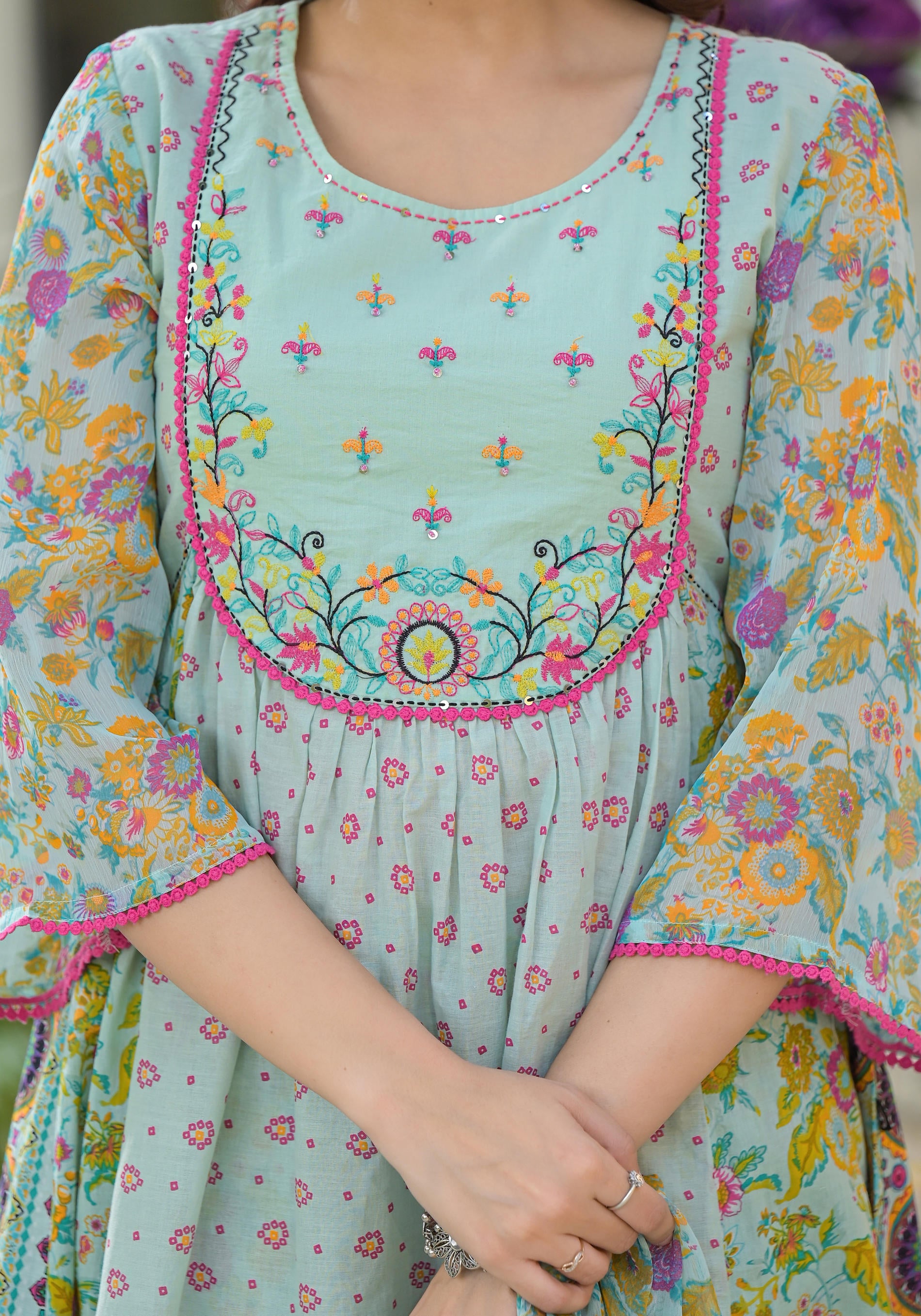 Mint Green Printed Ethnic Set with Dupatta-P1049MINTGREEN