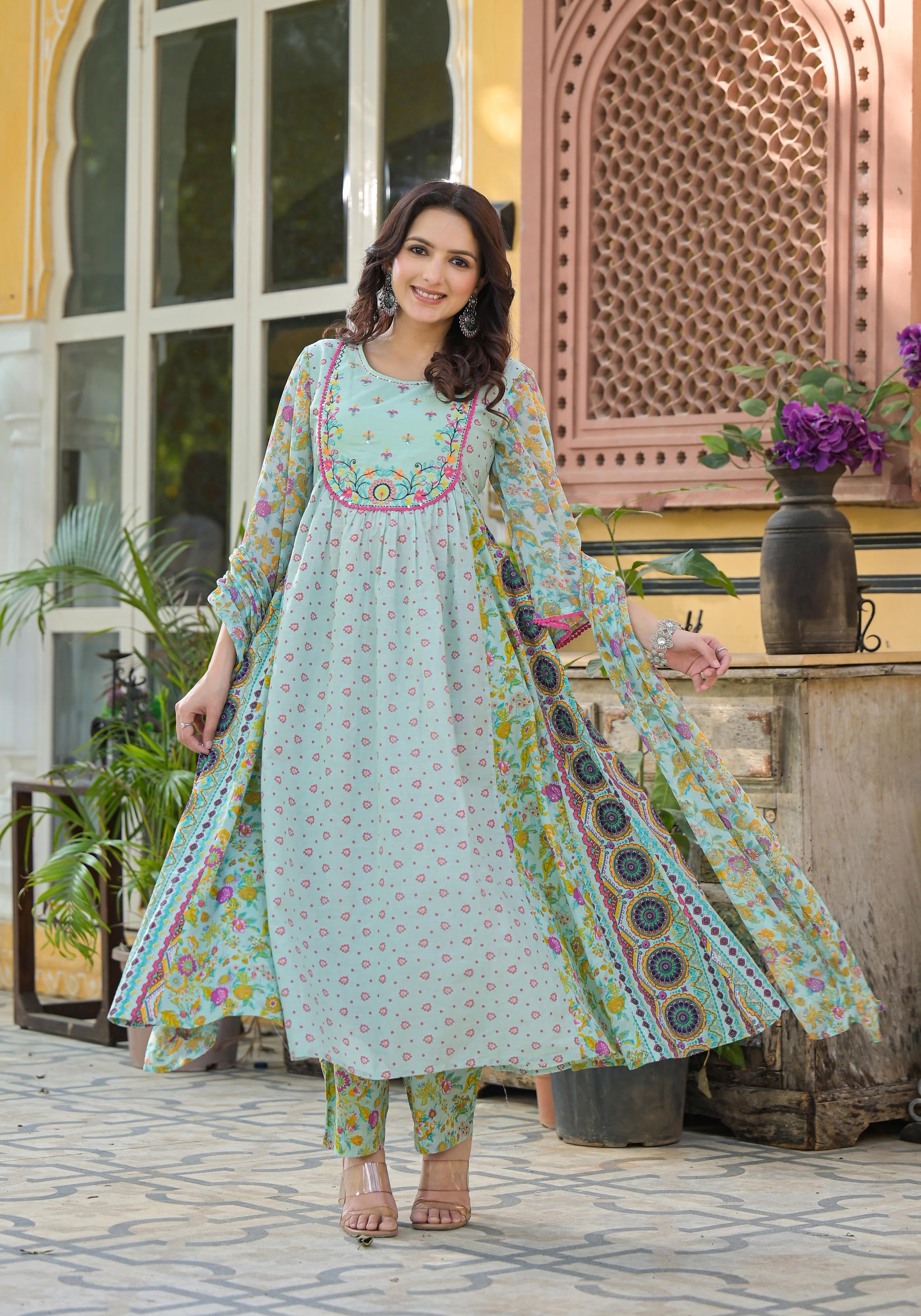 Mint Green Printed Ethnic Set with Dupatta-P1049MINTGREEN