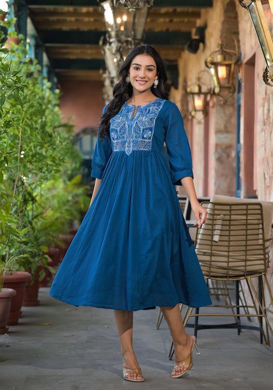 Indigo Solid Cotton Long Dress With Thread Embroidery 2000