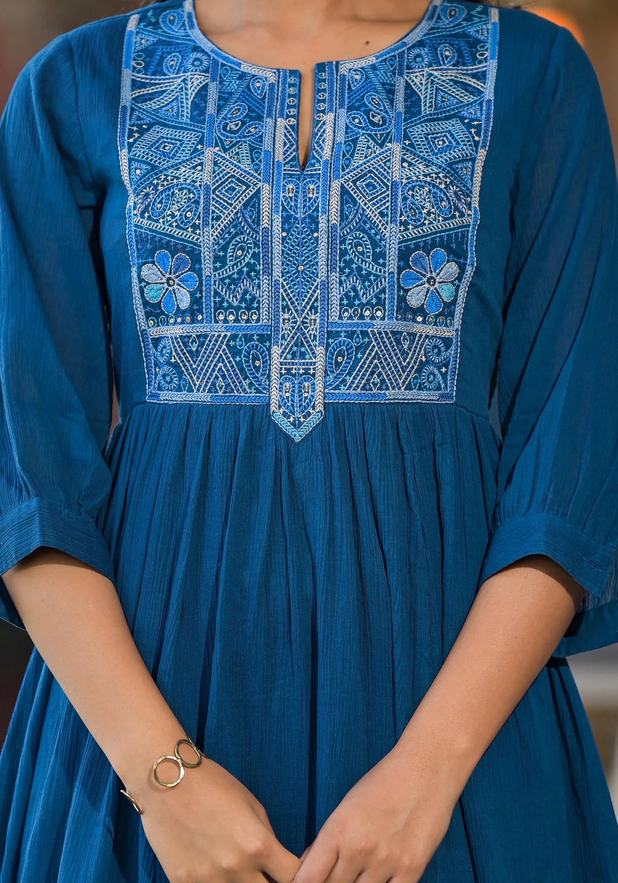 Indigo Cotton Dress With Embroidery | Indian Dresses Online
