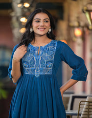 Indigo Solid Cotton Long Dress With Thread Embroidery-P1053INDIGO