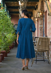 Indigo Solid Cotton Long Dress With Thread Embroidery-P1053INDIGO